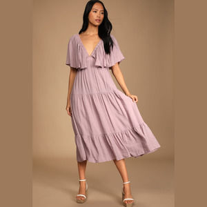 Lulus Breeze to Be Mauve Purple Short Sleeve Tiered Midi Dress Size M